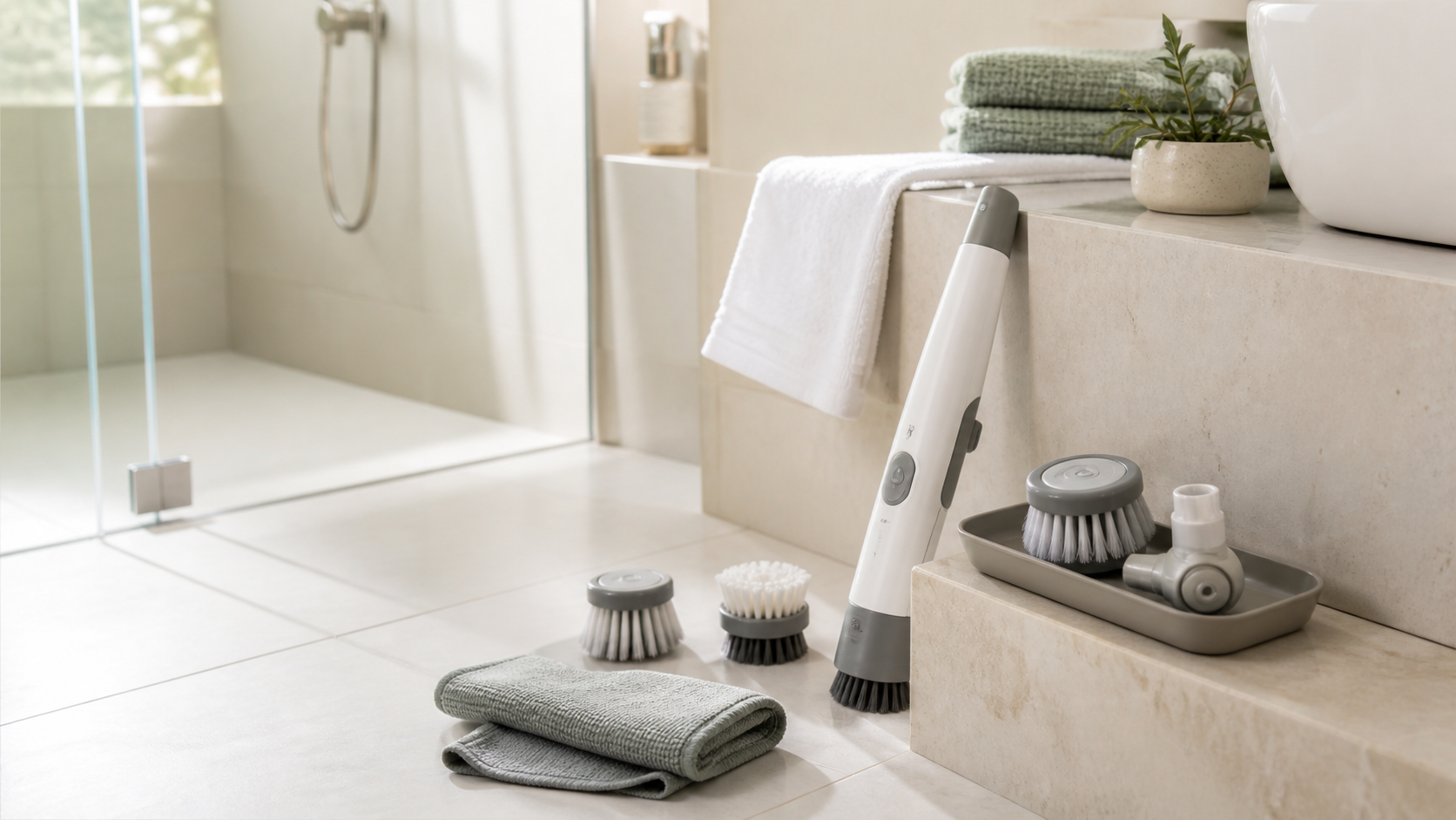 Velmiiria detail cleaning tools in a bright bathroom
