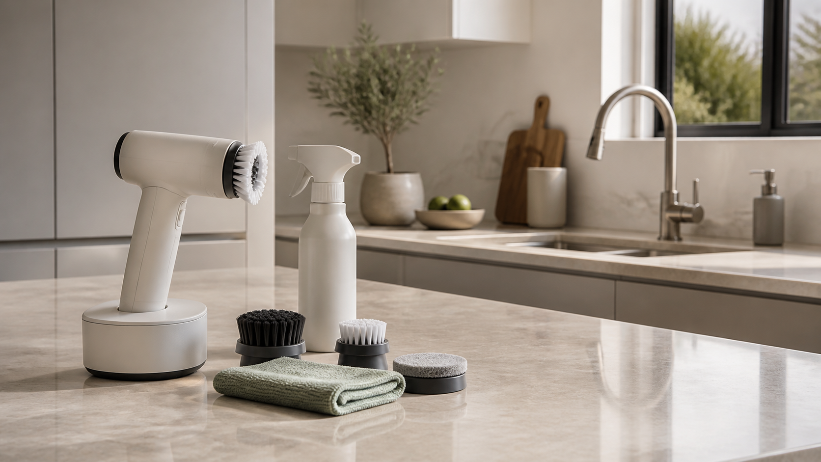 Velmiiria cleaning tools arranged in a modern kitchen