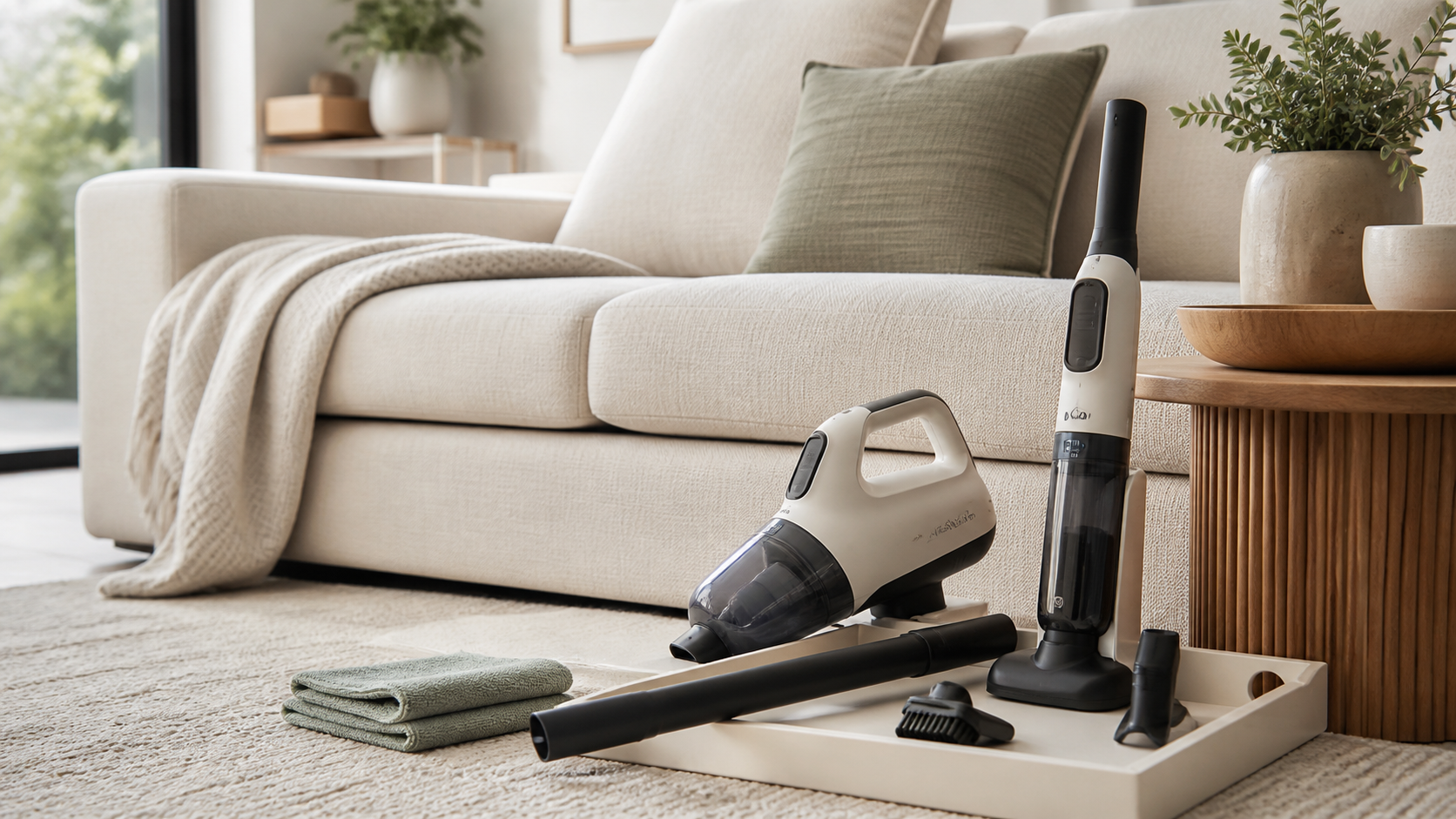 Velmiiria compact cleaning tools beside a living room sofa